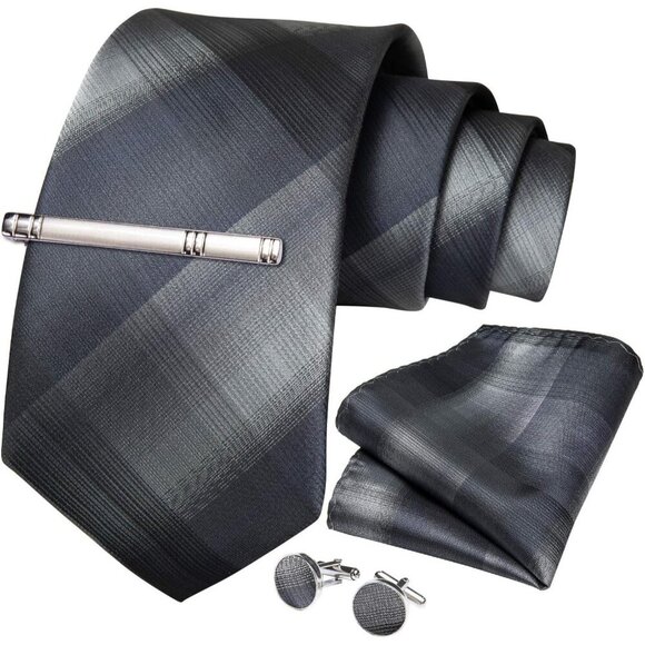 🆕Men Grey Plaid Silk Checkered Necktie Pocket Square Cufflinks Tie Clip Set - Picture 3 of 7